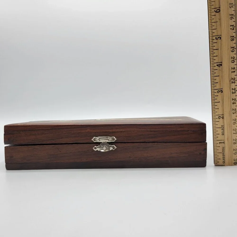 Vintage Handcrafted Wooden Jewelry Trinket Box Inlaid Peacock Design Metal Latch